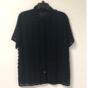 Sheer Black Blouse with Fringe Polka Dots Women's Size L‎